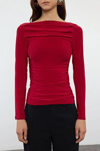 Boat Neck Draped Fitted Stretch Knit Blouse
