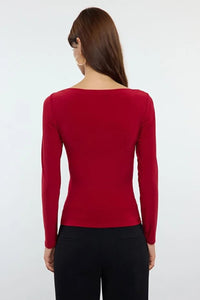 Boat Neck Draped Fitted Stretch Knit Blouse