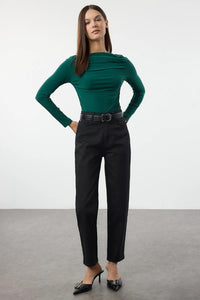 Boat Neck Draped Fitted Stretch Knit Blouse