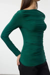 Boat Neck Draped Fitted Stretch Knit Blouse