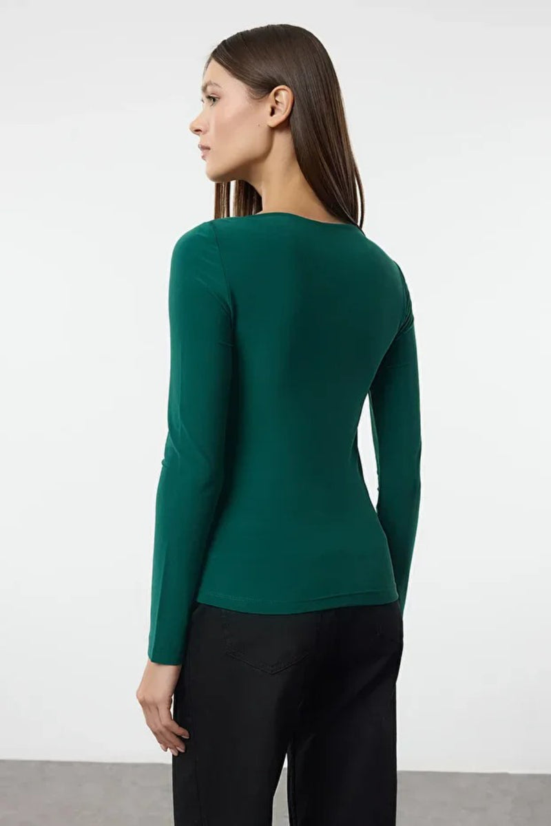 Boat Neck Draped Fitted Stretch Knit Blouse