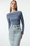 Boat Neck Draped Fitted Stretch Knit Blouse