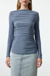 Boat Neck Draped Fitted Stretch Knit Blouse