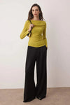 Boat Neck Draped Fitted Stretch Knit Blouse