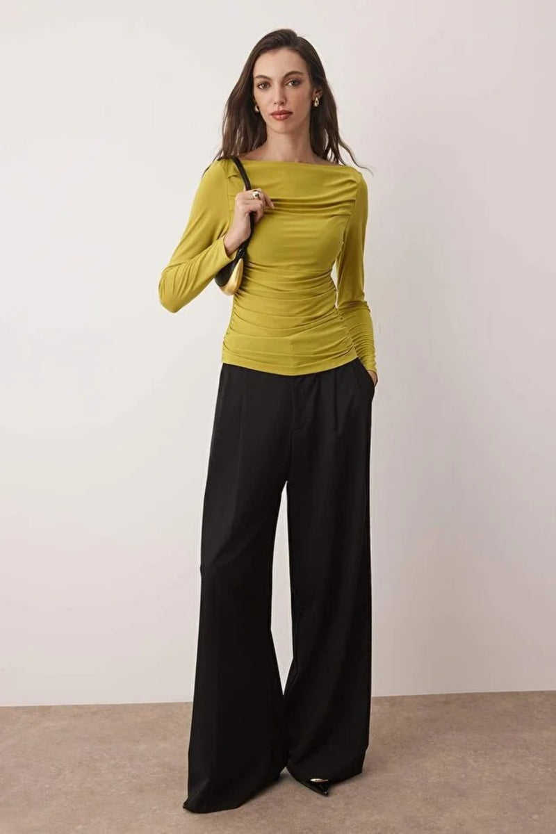 Boat Neck Draped Fitted Stretch Knit Blouse