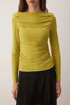 Boat Neck Draped Fitted Stretch Knit Blouse