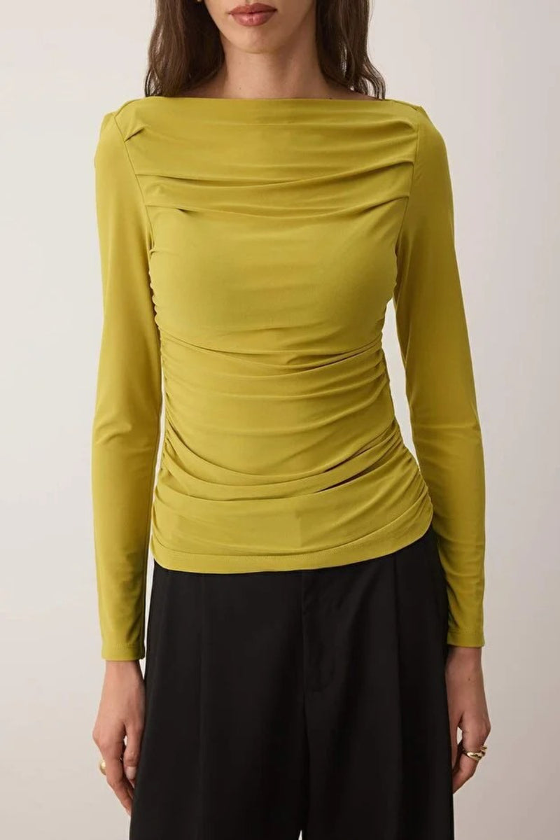 Boat Neck Draped Fitted Stretch Knit Blouse