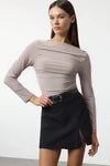 Boat Neck Draped Fitted Stretch Knit Blouse