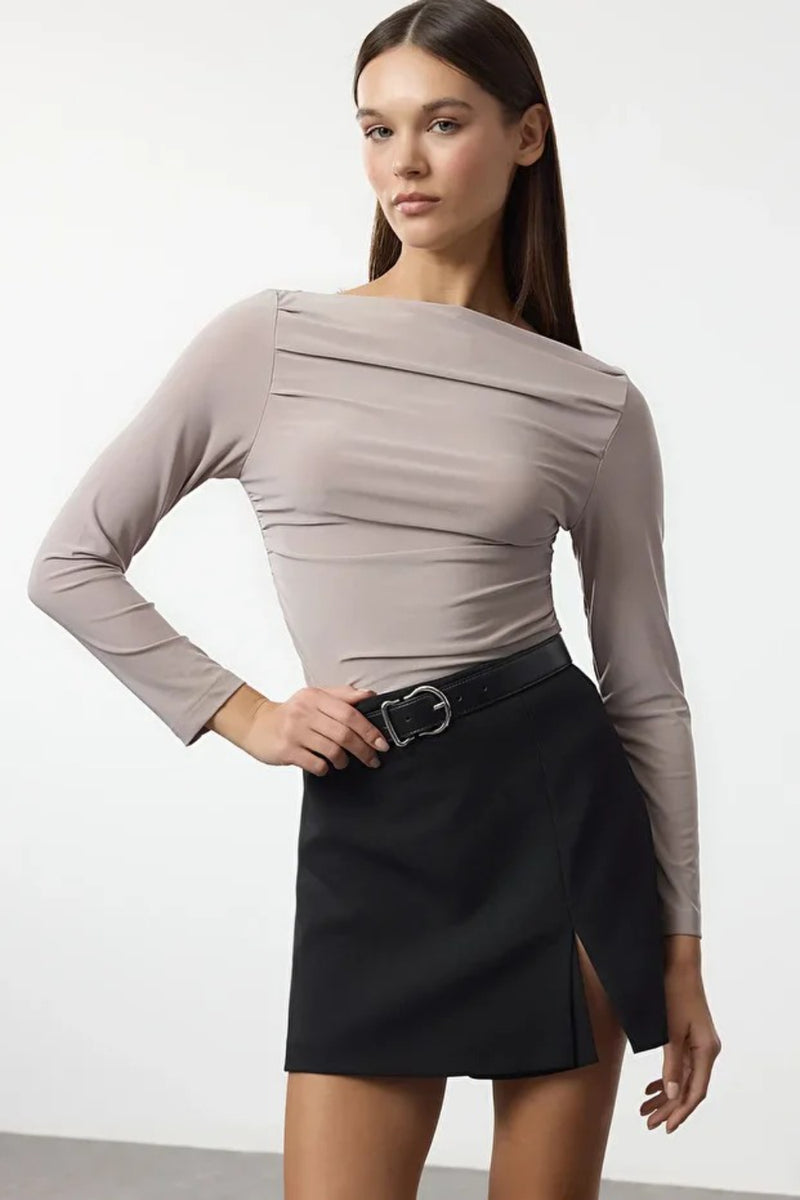 Boat Neck Draped Fitted Stretch Knit Blouse