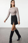 Boat Neck Draped Fitted Stretch Knit Blouse