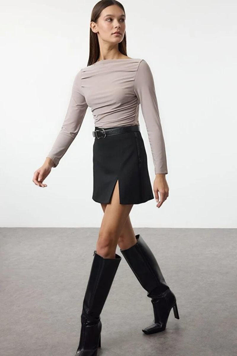 Boat Neck Draped Fitted Stretch Knit Blouse