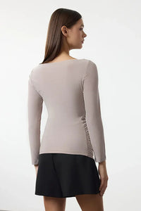 Boat Neck Draped Fitted Stretch Knit Blouse