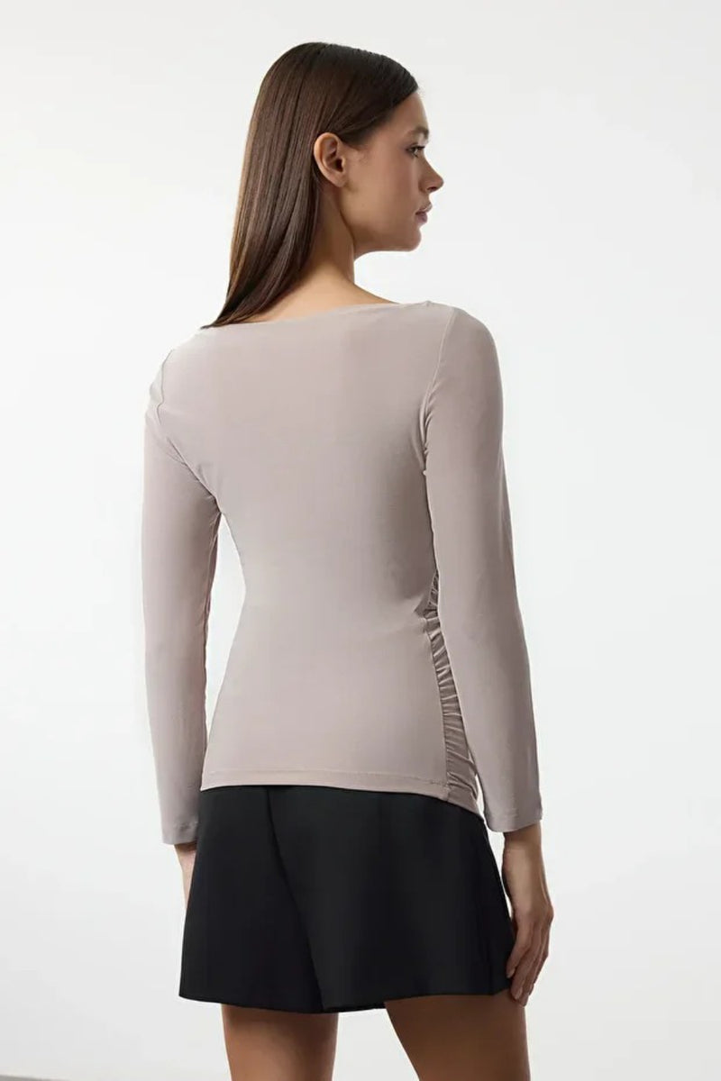 Boat Neck Draped Fitted Stretch Knit Blouse