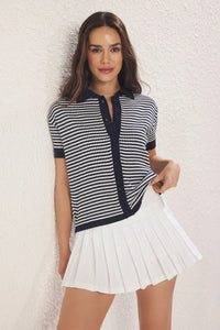 Striped Polo Neck Knit Mid-Length Blouse