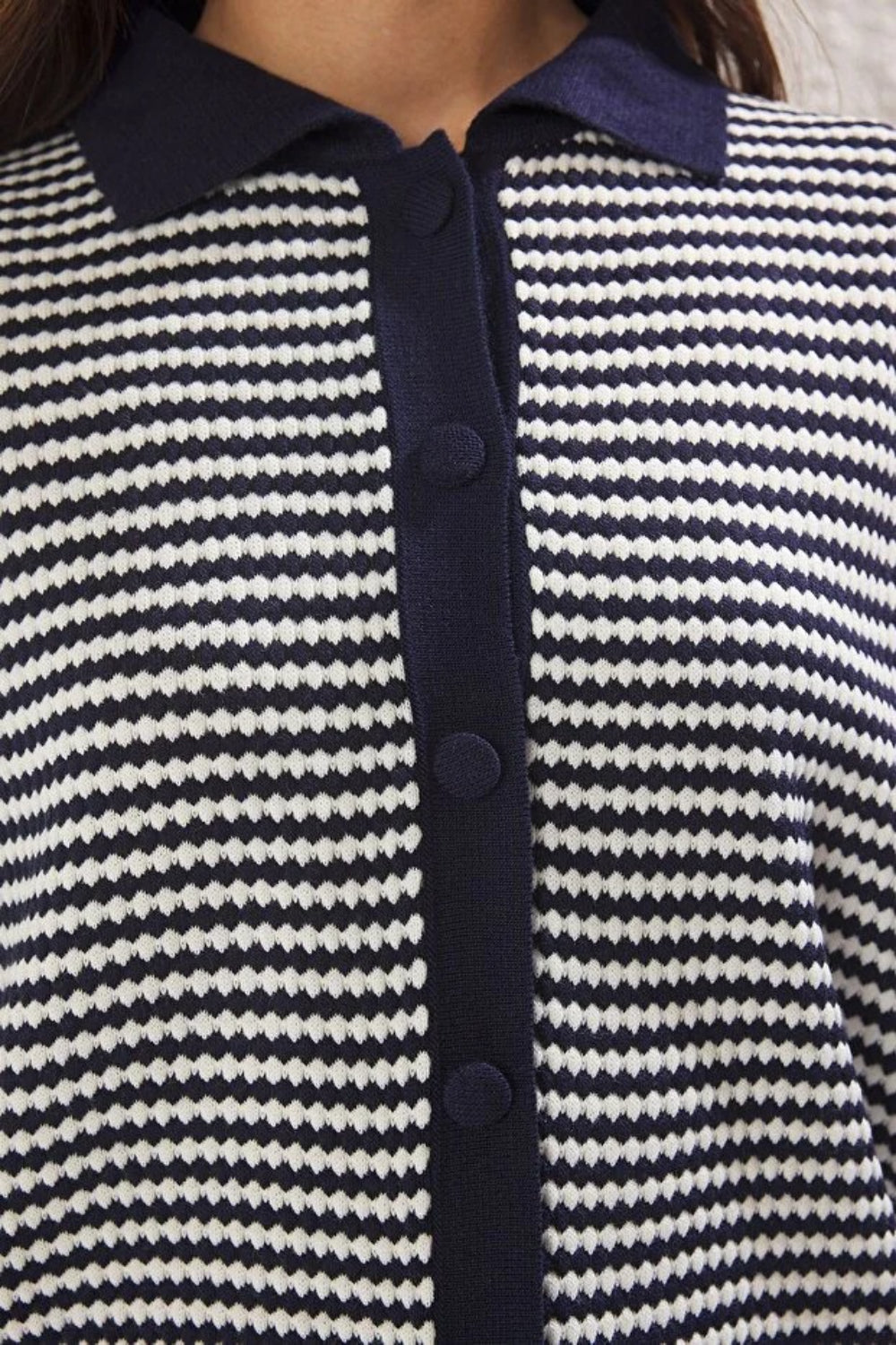 Striped Polo Neck Knit Mid-Length Blouse