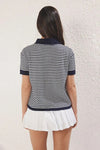 Striped Polo Neck Knit Mid-Length Blouse
