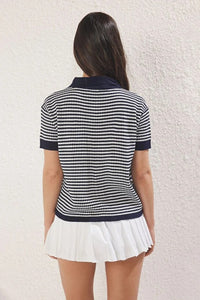 Striped Polo Neck Knit Mid-Length Blouse