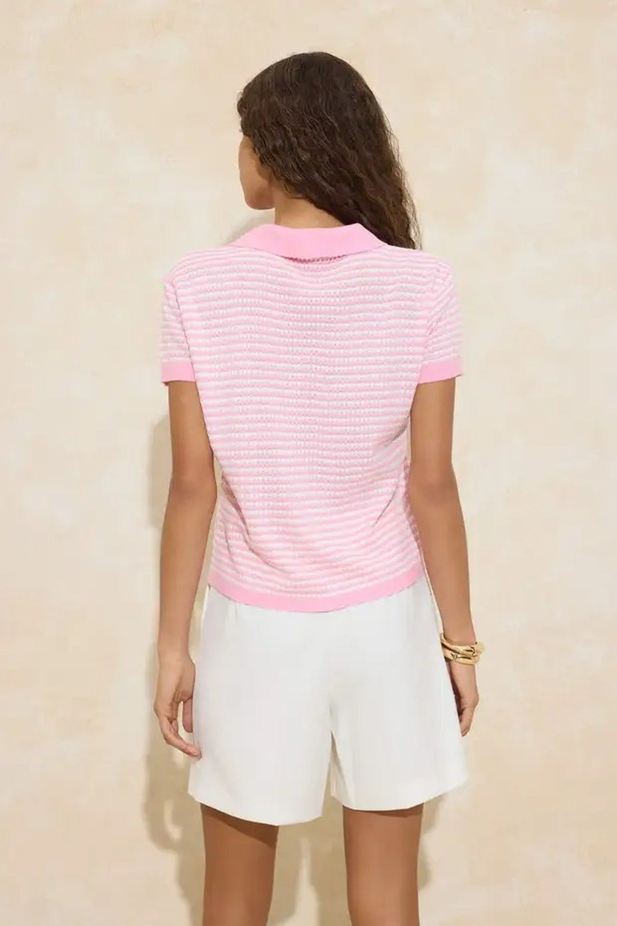 Striped Polo Neck Knit Mid-Length Blouse