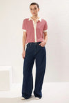 Striped Polo Neck Knit Mid-Length Blouse