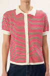 Striped Polo Neck Knit Mid-Length Blouse