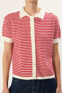 Striped Polo Neck Knit Mid-Length Blouse