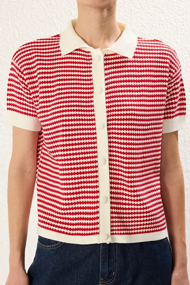 Striped Polo Neck Knit Mid-Length Blouse