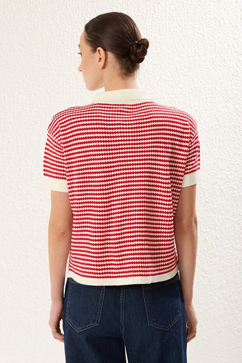 Striped Polo Neck Knit Mid-Length Blouse