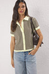 Striped Polo Neck Knit Mid-Length Blouse