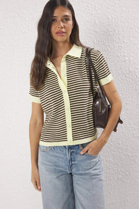 Striped Polo Neck Knit Mid-Length Blouse