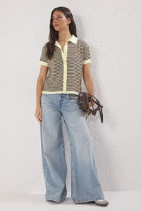 Striped Polo Neck Knit Mid-Length Blouse