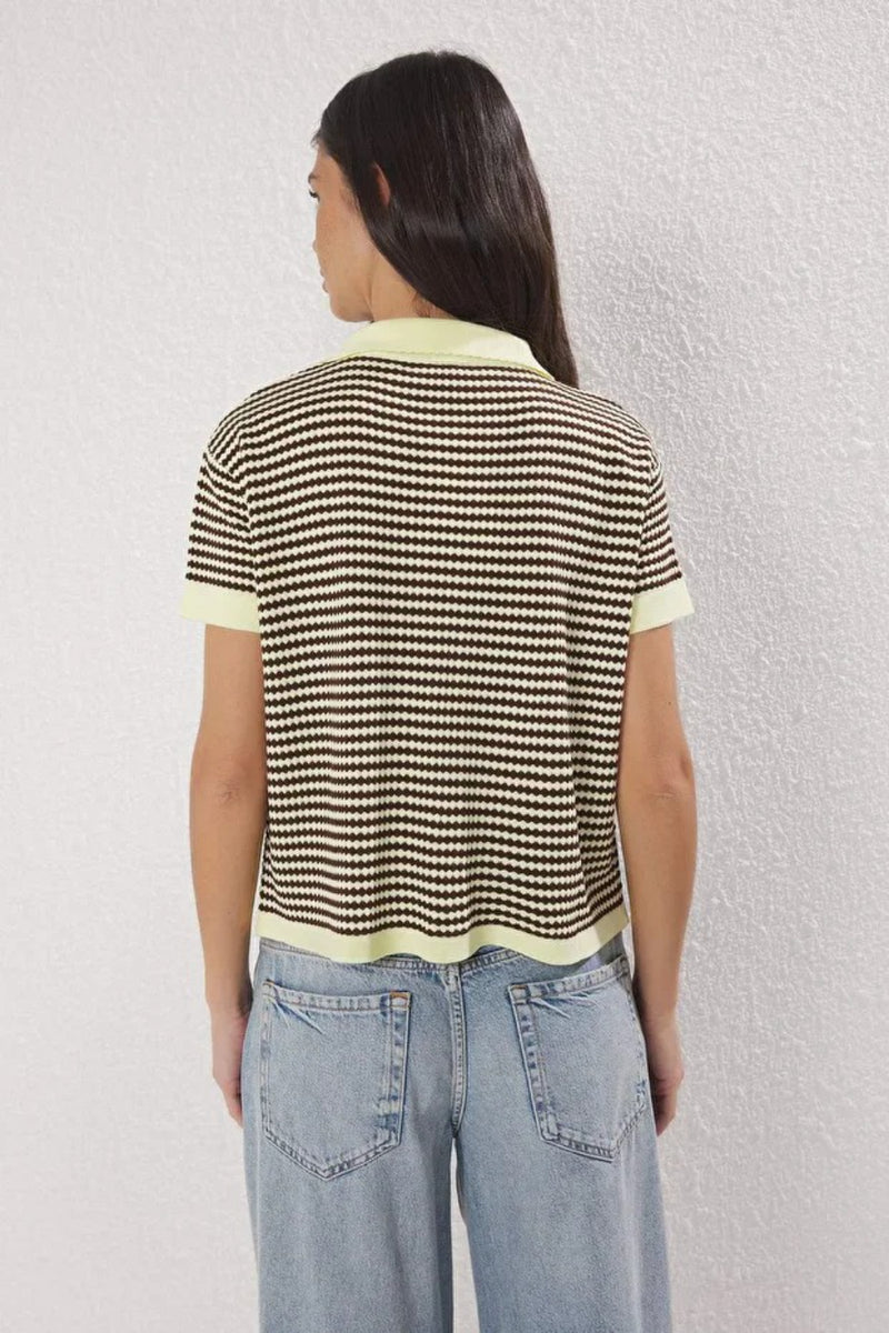 Striped Polo Neck Knit Mid-Length Blouse