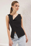 Buttoned Asymmetric Fitted Ribbed Stretch Knit Blouse