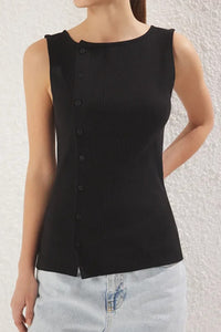 Buttoned Asymmetric Fitted Ribbed Stretch Knit Blouse