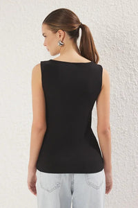 Buttoned Asymmetric Fitted Ribbed Stretch Knit Blouse
