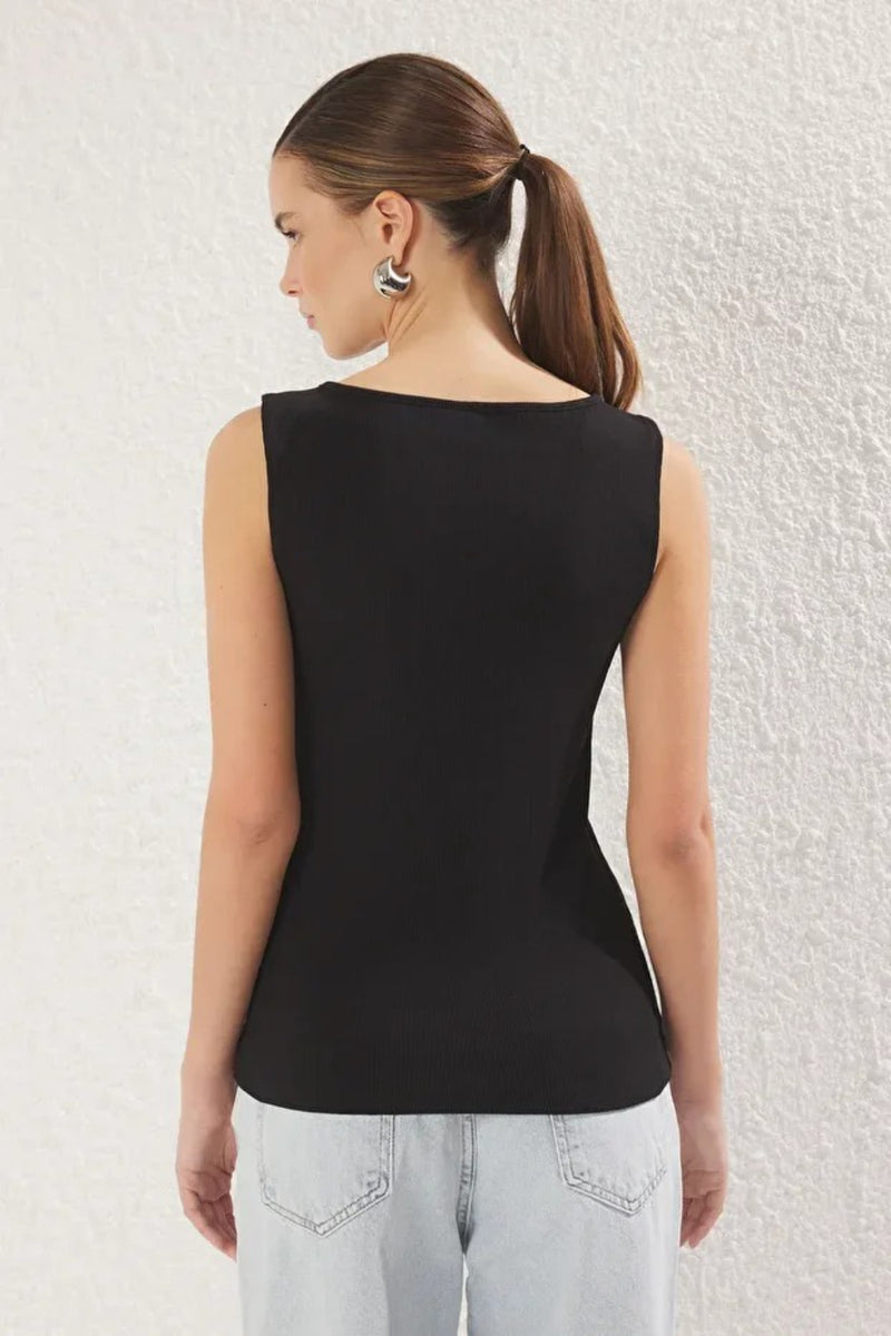 Buttoned Asymmetric Fitted Ribbed Stretch Knit Blouse