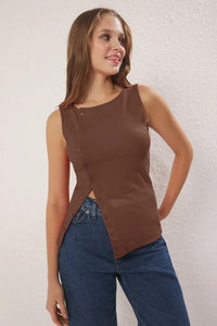 Buttoned Asymmetric Fitted Ribbed Stretch Knit Blouse