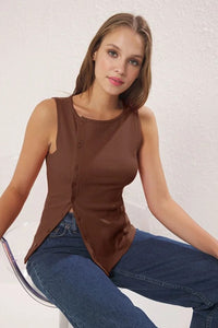 Buttoned Asymmetric Fitted Ribbed Stretch Knit Blouse