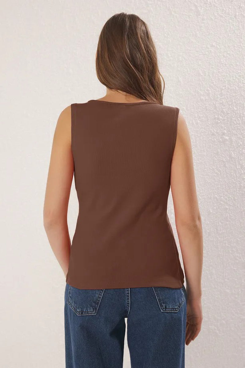Buttoned Asymmetric Fitted Ribbed Stretch Knit Blouse