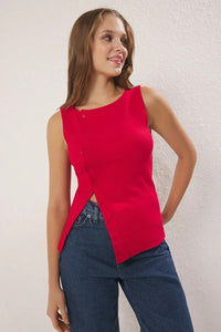 Buttoned Asymmetric Fitted Ribbed Stretch Knit Blouse