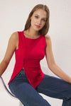 Buttoned Asymmetric Fitted Ribbed Stretch Knit Blouse