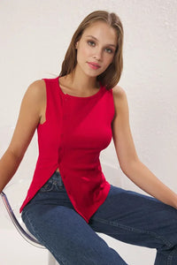 Buttoned Asymmetric Fitted Ribbed Stretch Knit Blouse