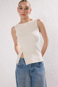 Buttoned Asymmetric Fitted Ribbed Stretch Knit Blouse