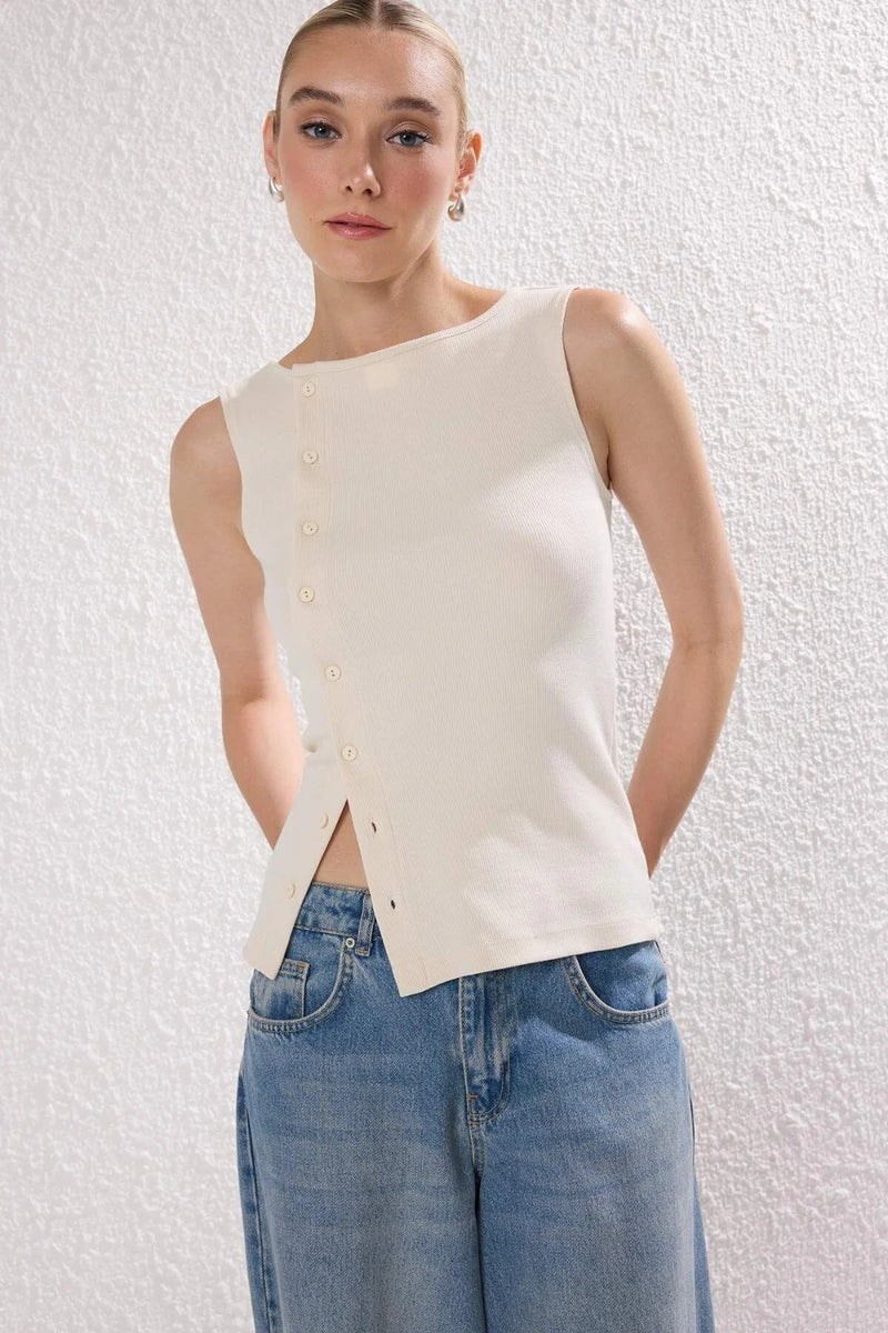 Buttoned Asymmetric Fitted Ribbed Stretch Knit Blouse