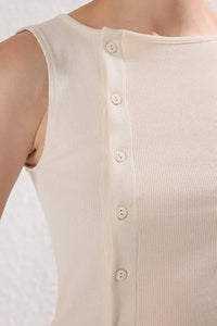 Buttoned Asymmetric Fitted Ribbed Stretch Knit Blouse