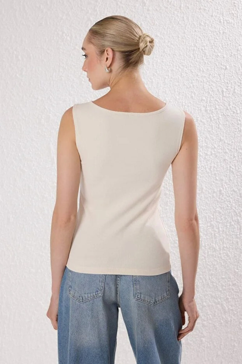 Buttoned Asymmetric Fitted Ribbed Stretch Knit Blouse
