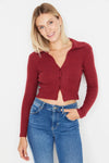 Button-Detail Bodycon Ribbed Stretch Knit Crop Polo Top