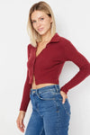 Button-Detail Bodycon Ribbed Stretch Knit Crop Polo Top