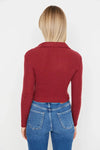 Button-Detail Bodycon Ribbed Stretch Knit Crop Polo Top