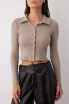 Button-Detail Bodycon Ribbed Stretch Knit Crop Polo Top