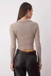 Button-Detail Bodycon Ribbed Stretch Knit Crop Polo Top